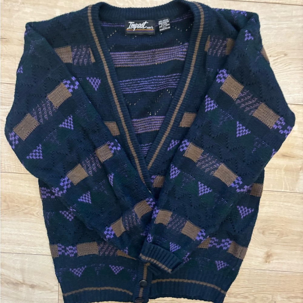 Vintage Navy and Purple Cardigan Sweater Geometric Sweater with Leather Patches